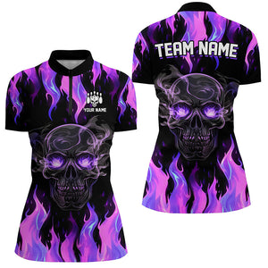 Purple Flame Skull Bowling Polo, 1/4 Zip Shirts For Women Custom Team Bowling Jersey Halloween Outfits NQS8368