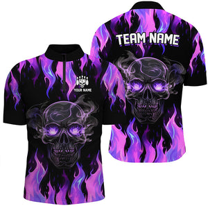Purple Flame Skull Bowling Polo, 1/4 Zip Shirts For Men Custom Team Bowling Jerseys Halloween Outfits NQS8368