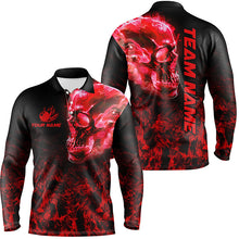 Load image into Gallery viewer, Black and Red Flame Skull camo bowling shirt for men custom bowling team jerseys, gifts for bowlers NQS8372