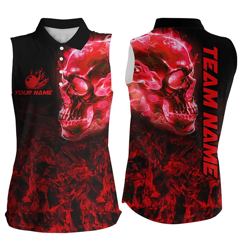 Black and Red Flame Skull camo Sleeveless Polo shirt custom bowling team jerseys, gifts for bowlers NQS8372