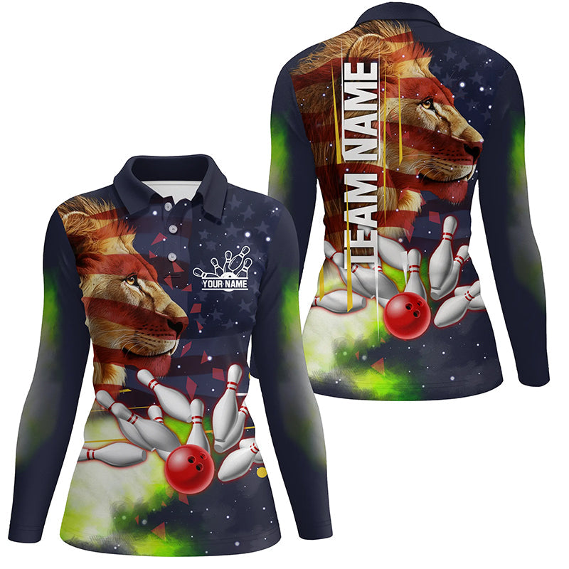 American flag Lion Bowling Polo, Quarter Zip Shirt For Women Custom Patriotic Bowling Team Jerseys NQS8565