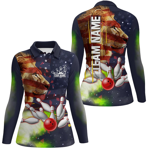 American flag Lion Bowling Polo, Quarter Zip Shirt For Women Custom Patriotic Bowling Team Jerseys NQS8565