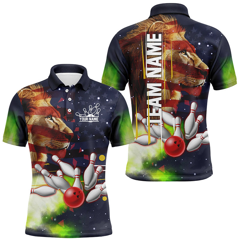 American flag Lion Bowling Polo, Quarter Zip Shirt For Men Custom Patriotic Bowling Team Jersey Outfit NQS8565