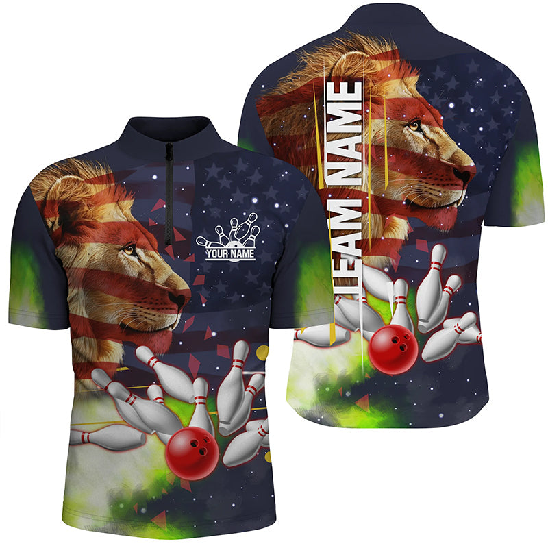 American flag Lion Bowling Polo, Quarter Zip Shirt For Men Custom Patriotic Bowling Team Jersey Outfit NQS8565