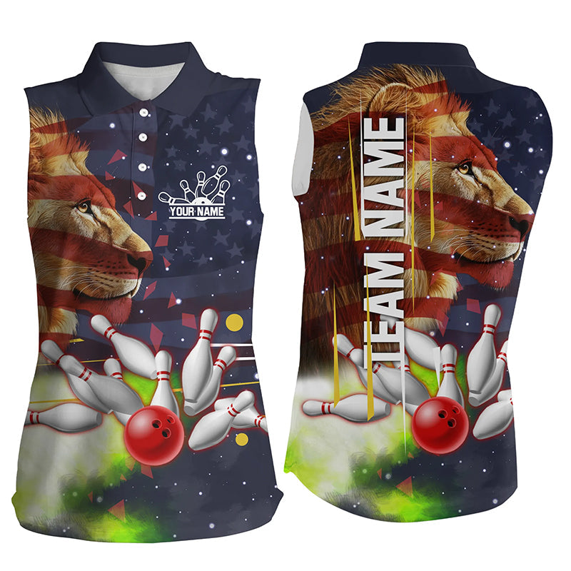 American flag Lion Bowling sleeveless polo Shirt For Women Custom Patriotic Bowling Team Jerseys NQS8565