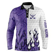 Load image into Gallery viewer, White and Purple Camo Flame Mens Golf Polo Shirt Custom golf attire for men, personalized golf gifts NQS8570