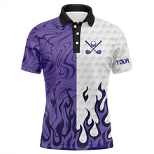 Load image into Gallery viewer, White and Purple Camo Flame Mens Golf Polo Shirt Custom golf attire for men, personalized golf gifts NQS8570