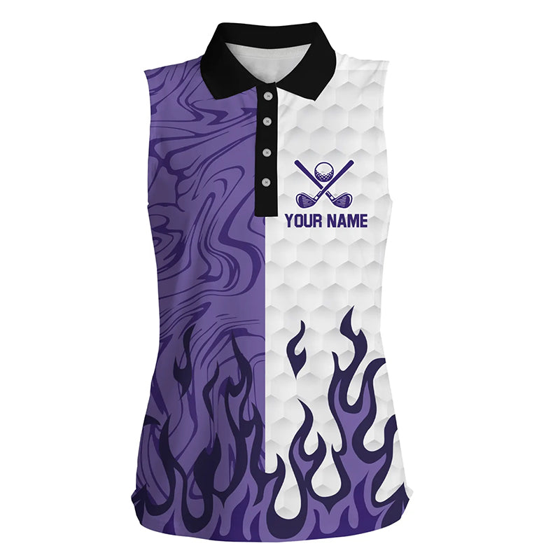 White & Purple Camo Flame Women sleeveless Polo Shirt Custom golf attire for ladies, golfing gifts NQS8570