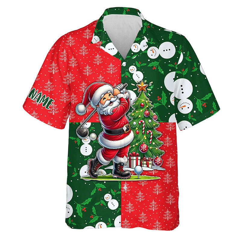 Funny Santa Golfer Red and green Xmas pattern hawaiian shirt custom Christmas golf button up shirt NQS8820