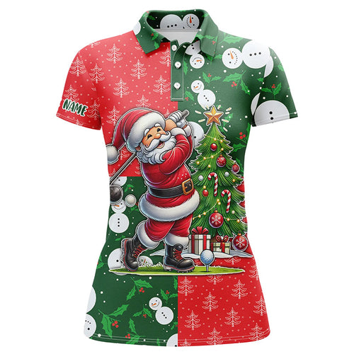 Funny Santa Golfer Red and green pattern Women golf polo shirt custom Christmas golf tops for ladies NQS8820