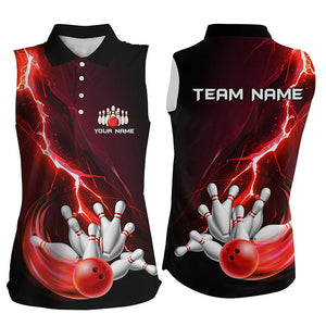 Women bowling sleeveless polo shirt Custom red lightning thunder Bowling Team Jersey, gift for Bowler NQS8821