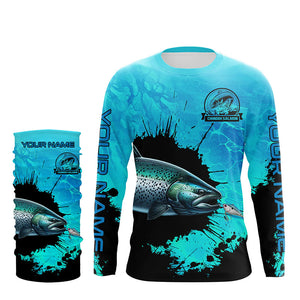 Personalized Chinook Salmon fishing Performance long sleeve Fishing Shirt, Salmon fishing jersey| Blue NQS6922