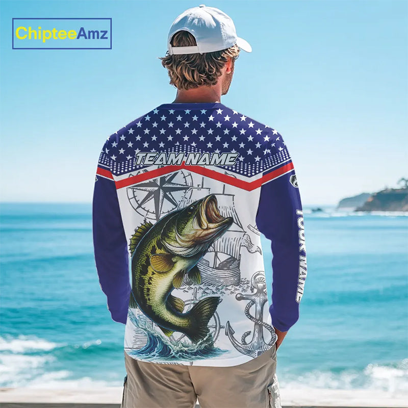 American Flag Largemouth Bass Fishing Custom Bass Long Sleeve Fishing Shirts, Bass Team Jerseys NQS11346