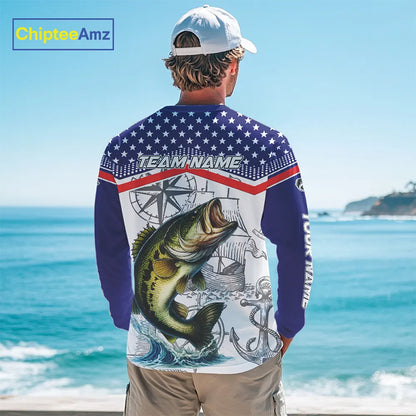American Flag Largemouth Bass Fishing Custom Bass Long Sleeve Fishing Shirts, Bass Team Jerseys NQS11346