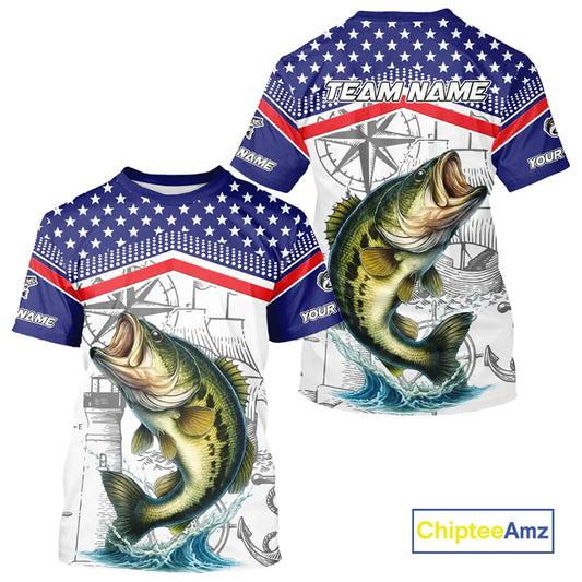 American Flag Largemouth Bass Fishing Custom Bass Long Sleeve Fishing Shirts, Bass Team Jerseys NQS11346