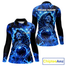 Load image into Gallery viewer, Blue Flame Skull Bowling Polo, 1/4 Zip Shirts For Women Custom Bowling Reaper Team Bowling jersey NQS11348