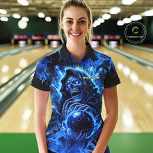 Load image into Gallery viewer, Blue Flame Skull Bowling Polo, 1/4 Zip Shirts For Women Custom Bowling Reaper Team Bowling jersey NQS11348