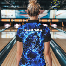 Load image into Gallery viewer, Blue Flame Skull Bowling Polo, 1/4 Zip Shirts For Women Custom Bowling Reaper Team Bowling jersey NQS11348