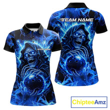 Load image into Gallery viewer, Blue Flame Skull Bowling Polo, 1/4 Zip Shirts For Women Custom Bowling Reaper Team Bowling jersey NQS11348
