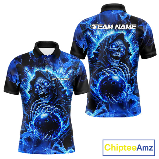 Blue Flame Skull Bowling Polo, 1/4 Zip Shirts For Men Custom Bowling Reaper Team Bowling jersey NQS11348