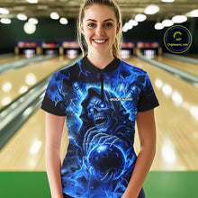 Load image into Gallery viewer, Blue Flame Skull Bowling Polo, 1/4 Zip Shirts For Women Custom Bowling Reaper Team Bowling jersey NQS11348