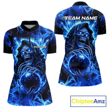 Load image into Gallery viewer, Blue Flame Skull Bowling Polo, 1/4 Zip Shirts For Women Custom Bowling Reaper Team Bowling jersey NQS11348