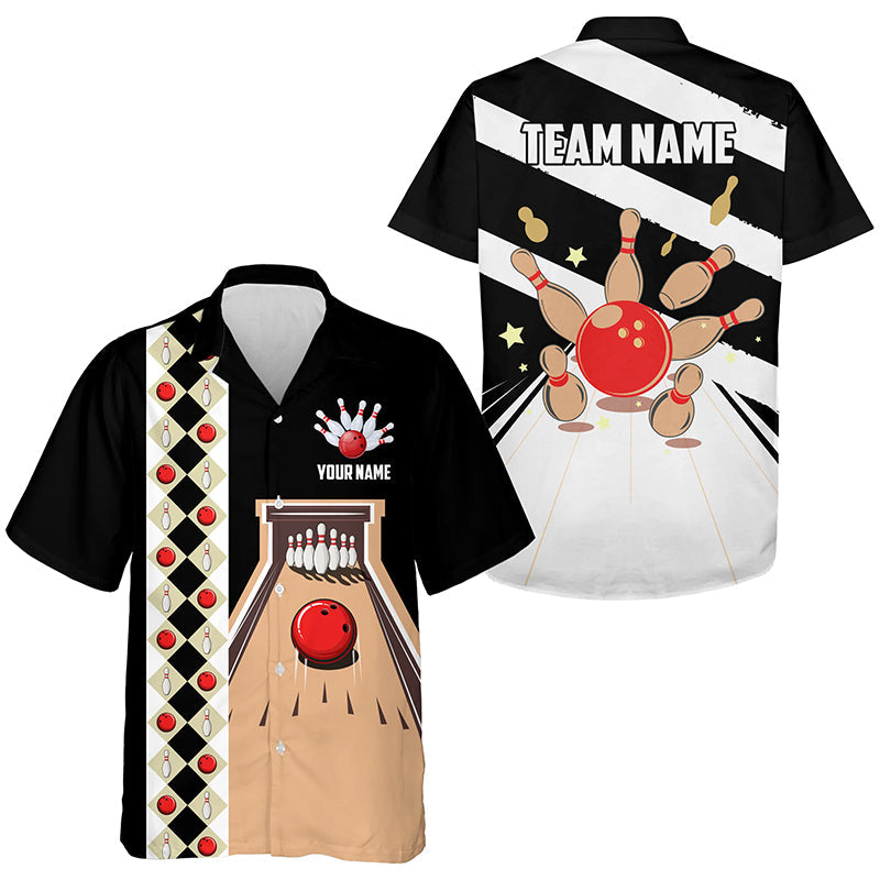 Personalized Red, white and black Retro Bowling hawaiian shirts, Bowling Team button up shirts NQS9460