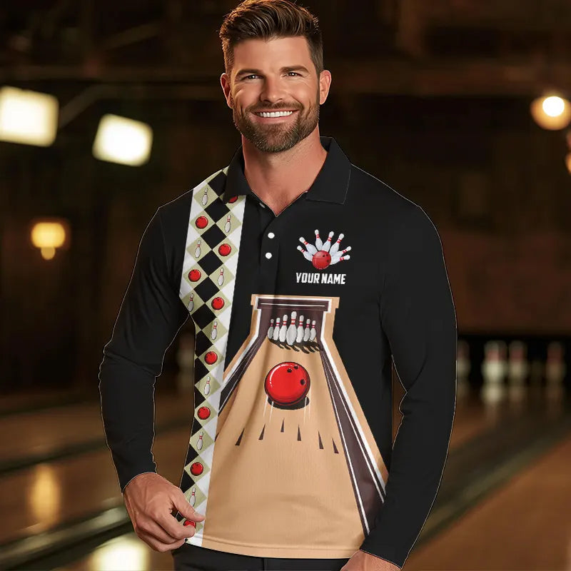 Personalized Red, white and black Retro bowling Polo, Quarter Zip shirt for Men, Bowling Team Jersey NQS9460