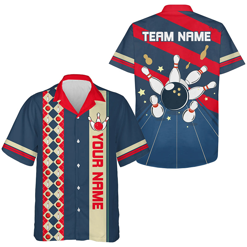 Personalized Red, white and blue Retro Bowling hawaiian shirts, Bowling Team button up shirts NQS9461