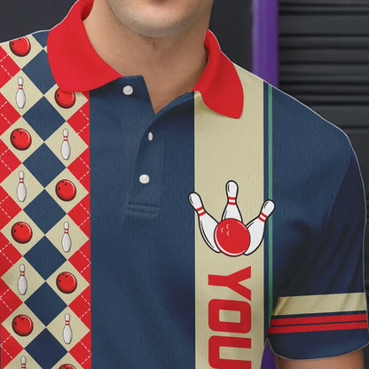 Personalized Red, white and blue Retro bowling Polo, Quarter Zip shirt for Men, Bowling Team Jersey NQS9461