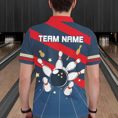 Personalized Red, white and blue Retro bowling Polo, Quarter Zip shirt for Men, Bowling Team Jersey NQS9461