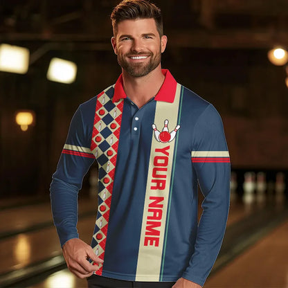 Personalized Red, white and blue Retro bowling Polo, Quarter Zip shirt for Men, Bowling Team Jersey NQS9461