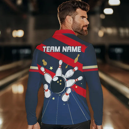 Personalized Red, white and blue Retro bowling Polo, Quarter Zip shirt for Men, Bowling Team Jersey NQS9461