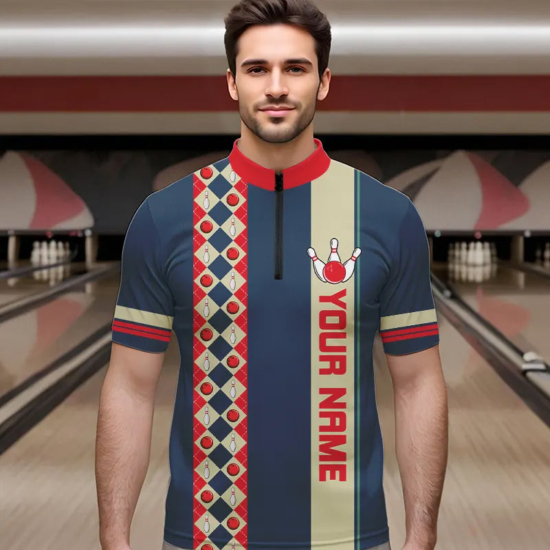 Personalized Red, white and blue Retro bowling Polo, Quarter Zip shirt for Men, Bowling Team Jersey NQS9461