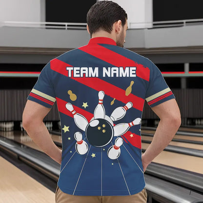 Personalized Red, white and blue Retro bowling Polo, Quarter Zip shirt for Men, Bowling Team Jersey NQS9461