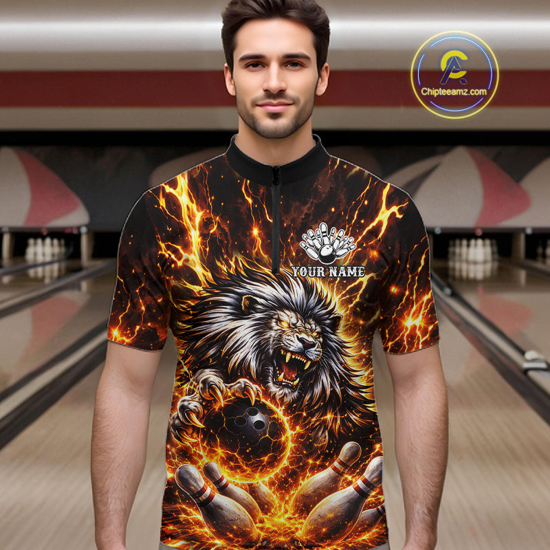 Gold Lightning Thunder Angry Lion Bowling Polo, 1/4 Zip Shirt for Men Custom Lion Bowling Team jersey NQS11681