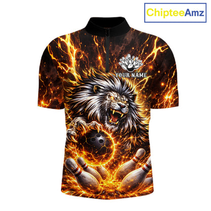 Gold Lightning Thunder Angry Lion Bowling Polo, 1/4 Zip Shirt for Men Custom Lion Bowling Team jersey NQS11681