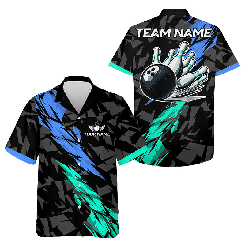 Personalized Black, Blue & Turquoise Camo Hawaiian bowling shirts Custom Team Bowling Button up shirts NQS9786