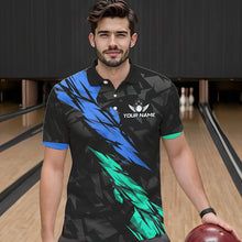 Load image into Gallery viewer, Personalized Black, Blue and Turquoise Camo Bowling Shirt For Men Custom Team Name Bowling Jerseys NQS9786