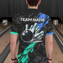 Load image into Gallery viewer, Personalized Black, Blue and Turquoise Camo Bowling Shirt For Men Custom Team Name Bowling Jerseys NQS9786
