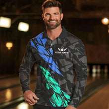 Load image into Gallery viewer, Personalized Black, Blue and Turquoise Camo Bowling Shirt For Men Custom Team Name Bowling Jerseys NQS9786