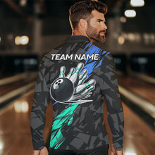 Load image into Gallery viewer, Personalized Black, Blue and Turquoise Camo Bowling Shirt For Men Custom Team Name Bowling Jerseys NQS9786