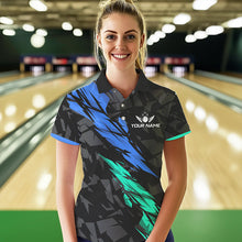 Load image into Gallery viewer, Personalized Black, Blue and Turquoise Camo Bowling Shirt For Women Custom Team Name Bowling Jerseys NQS9786