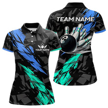 Load image into Gallery viewer, Personalized Black, Blue and Turquoise Camo Bowling Shirt For Women Custom Team Name Bowling Jerseys NQS9786