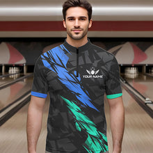 Load image into Gallery viewer, Personalized Black, Blue and Turquoise Camo Bowling Shirt For Men Custom Team Name Bowling Jerseys NQS9786