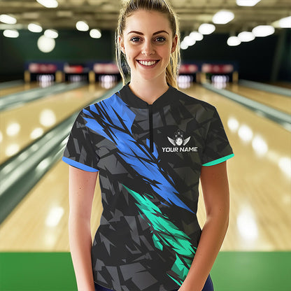 Personalized Black, Blue and Turquoise Camo Bowling Shirt For Women Custom Team Name Bowling Jerseys NQS9786