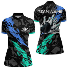 Load image into Gallery viewer, Personalized Black, Blue and Turquoise Camo Bowling Shirt For Women Custom Team Name Bowling Jerseys NQS9786