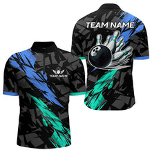 Load image into Gallery viewer, Personalized Black, Blue and Turquoise Camo Bowling Shirt For Men Custom Team Name Bowling Jerseys NQS9786