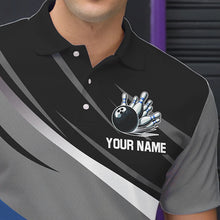 Load image into Gallery viewer, Personalized Black, Gray and Blue Bowling Shirts For Men, Bowling Balls And Pins Bowling Team Shirts NQS9784