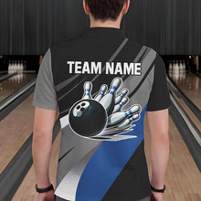 Load image into Gallery viewer, Personalized Black, Gray and Blue Bowling Shirts For Men, Bowling Balls And Pins Bowling Team Shirts NQS9784